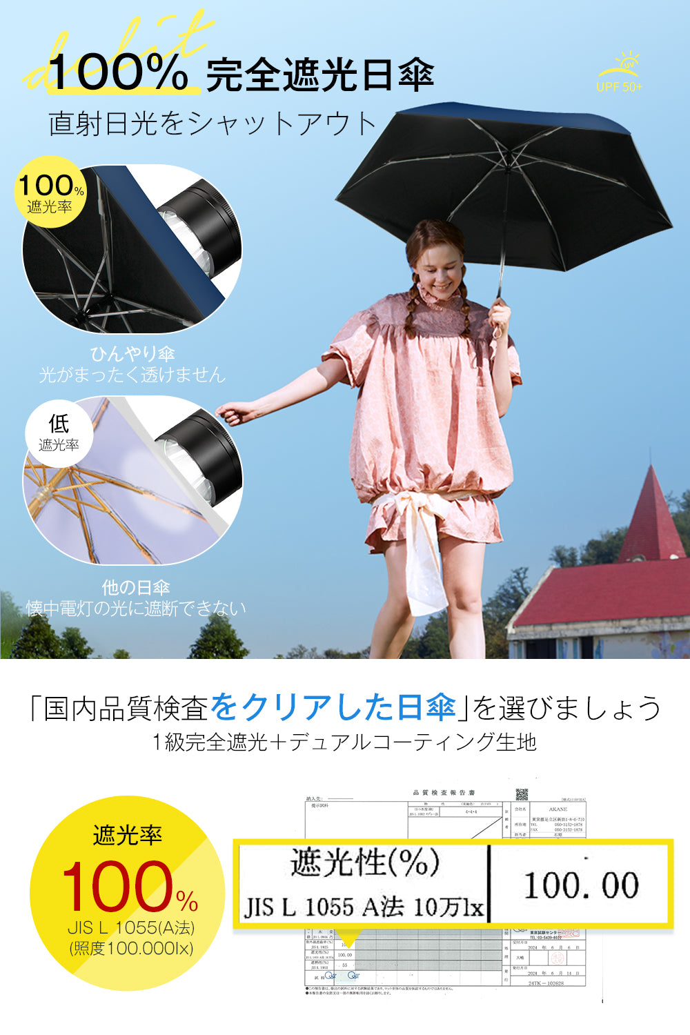 6本骨日傘 超軽量 【JIS認証済 100% 遮光 紫外線遮断】