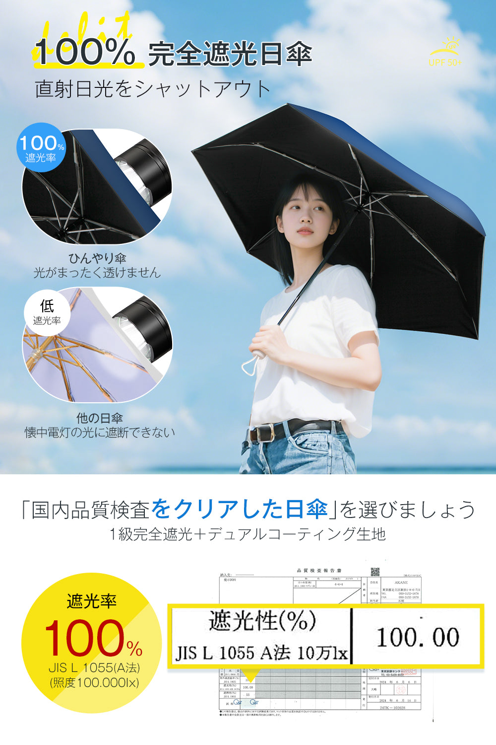 6本骨日傘 超軽量 【JIS認証済 100% 遮光 紫外線遮断】