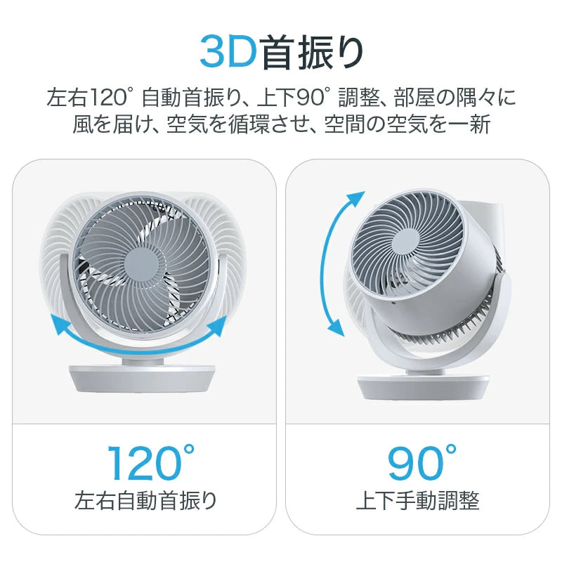 1台5役 強風 左右120°自動首振り 上下90°調整 静音 3モード 風量8段階 イオン発生 入/切タイマー 自然風/お休み/普通/モード 空気循環 換気 衣類乾燥 部屋干し 暑さ対策